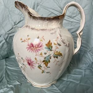 Antique Vintage Ivory & Floral Vessel Pitcher Gold Porcelain Ceramic Collectible